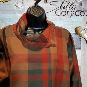 Paula Saker Vintage Rust Plaid 100% Wool Slouch Neck Blouse Sz 6 BoHo Cottage